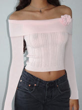 one-shoulder three-dimensional floral long-sleeved knitted top